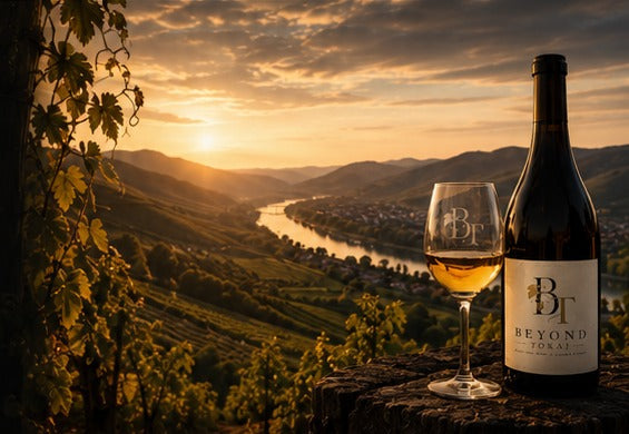 Hungarian vineyard landscape at sunset overlooking a river valley