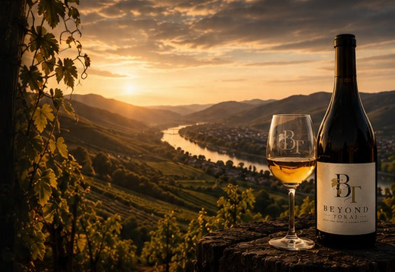 Hungarian vineyard landscape at sunset overlooking a river valley