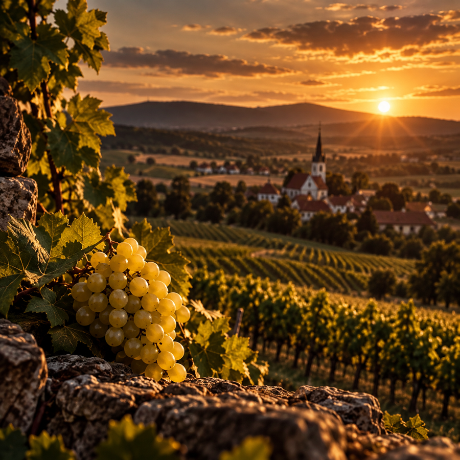 Etyek-Buda vineyard at golden hour with white grapes and rolling Hungarian countryside