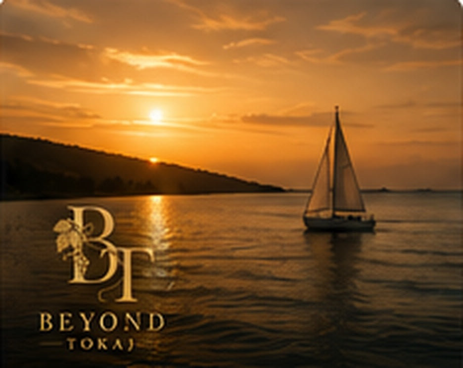 Lake Balaton at sunset beside Hungarian vineyards with Beyond Tokaj branding