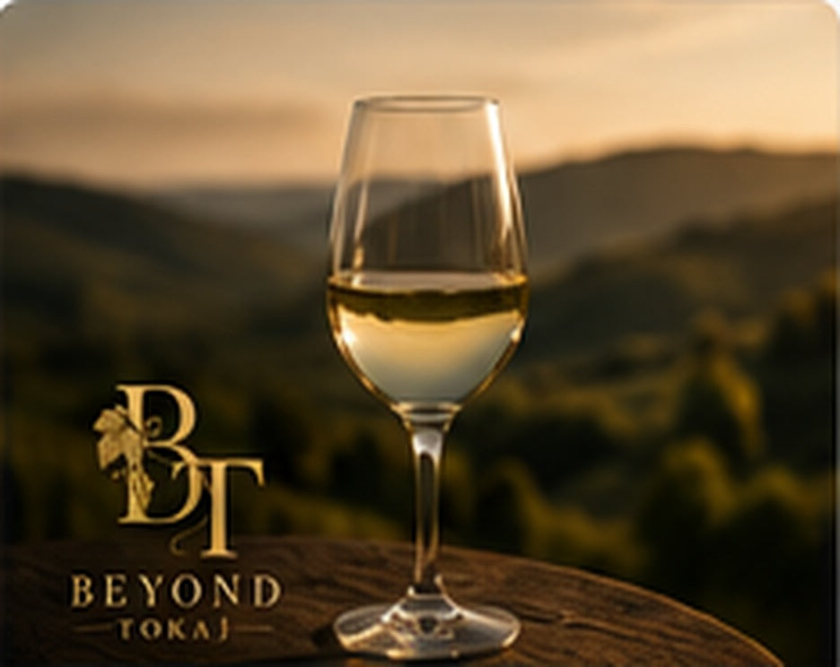 Glass of dry Tokaj wine overlooking Hungarian vineyard hills with Beyond Tokaj branding