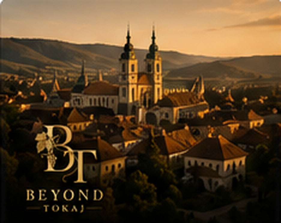 Eger town and vineyard landscape in Hungary at sunset with Beyond Tokaj branding