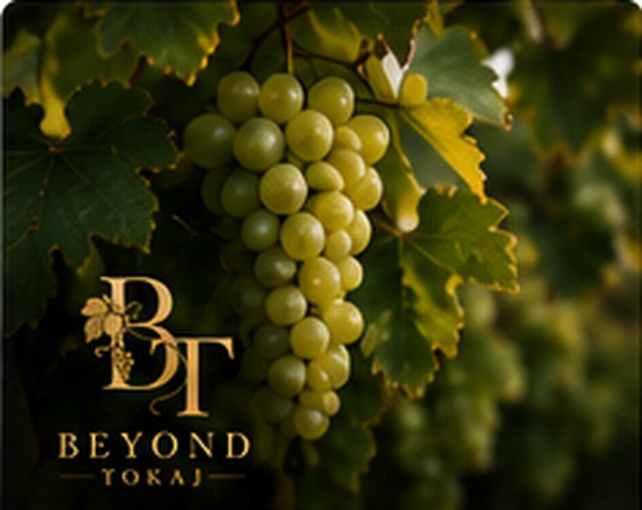Hárslevelű grape bunches on the vine in Hungary with Beyond Tokaj branding