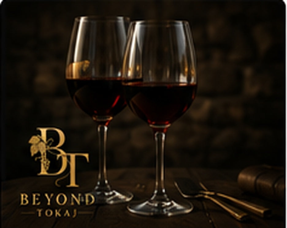 Glasses of Hungarian red wine in a dark elegant setting with Beyond Tokaj branding