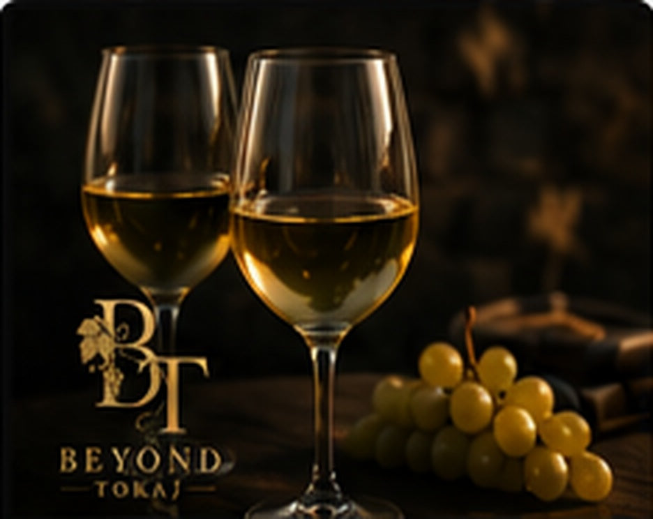 Glasses of Hungarian white wine with grapes in a premium Beyond Tokaj setting