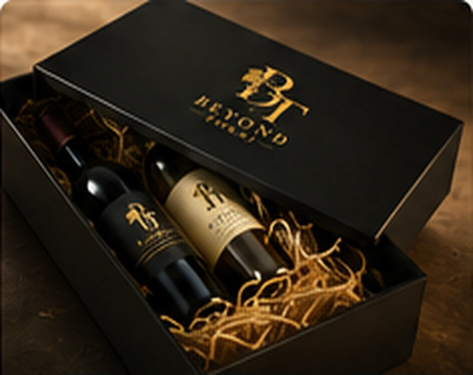 Luxury Hungarian wine gift box with bottles in Beyond Tokaj black and gold style