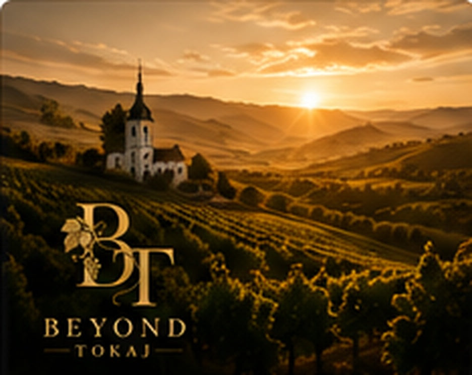 Hungarian vineyard landscape at sunset with Beyond Tokaj branding