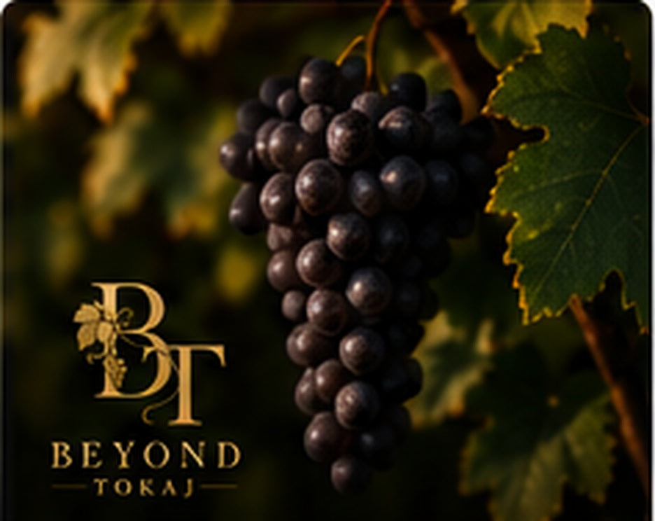 Kadarka grapes on the vine in Hungary with Beyond Tokaj branding