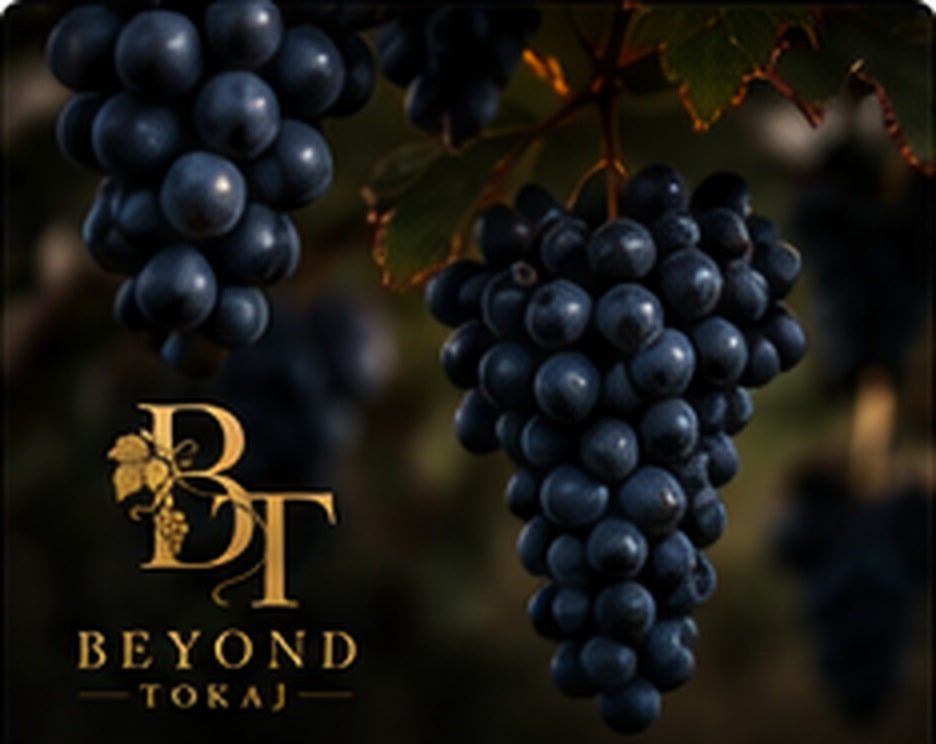Kékfrankos red grapes on the vine in Hungary with Beyond Tokaj branding