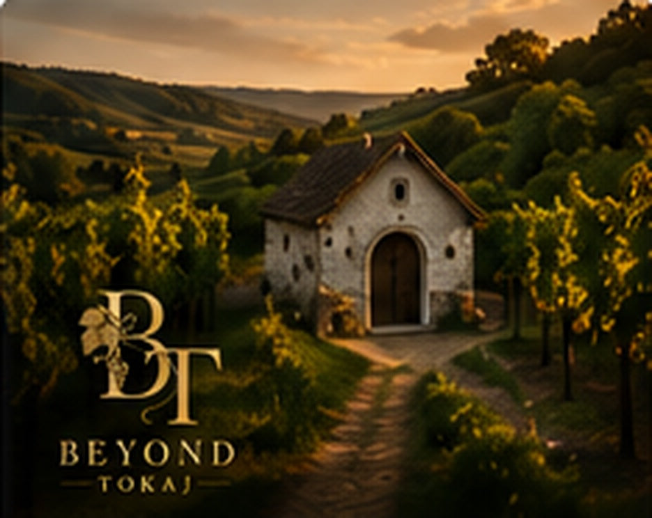 Olaszrizling vineyard in Hungary at golden hour with Beyond Tokaj branding