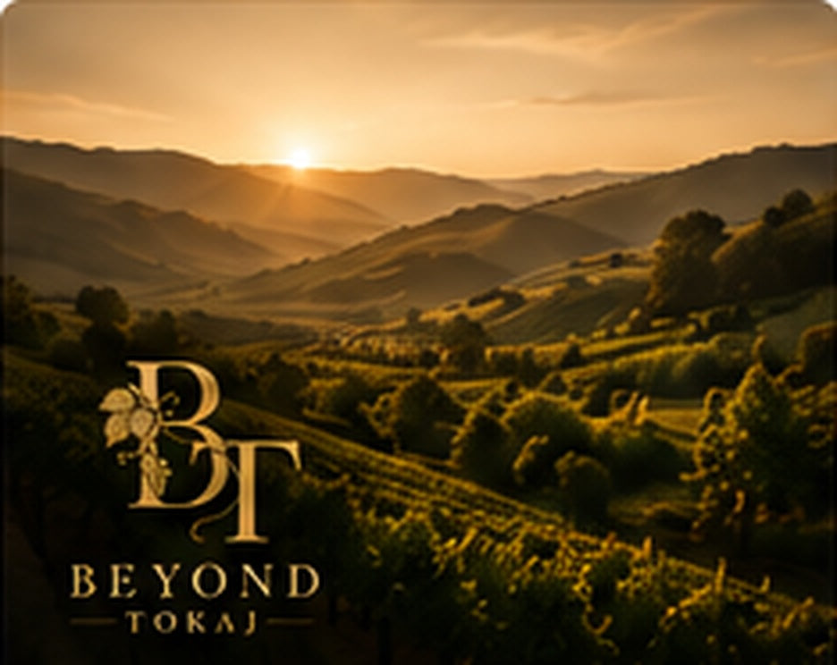 Tokaj vineyard hills at golden sunset in Hungary with Beyond Tokaj branding