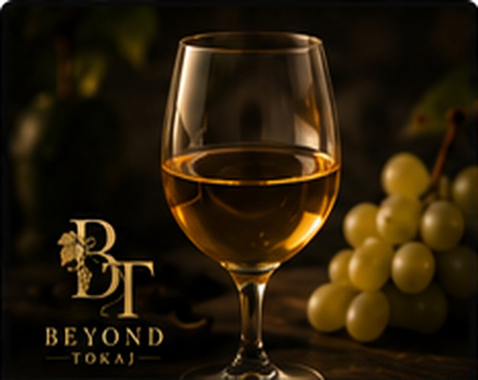 Glass of golden Tokaji Aszú wine with grapes in a premium Beyond Tokaj setting