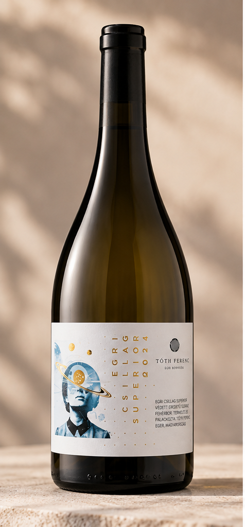 A dark green glass wine bottle with a black screw cap and a white label featuring a portrait illustration and gold text, set on a wooden surface against a warm beige background with soft leaf shadows.