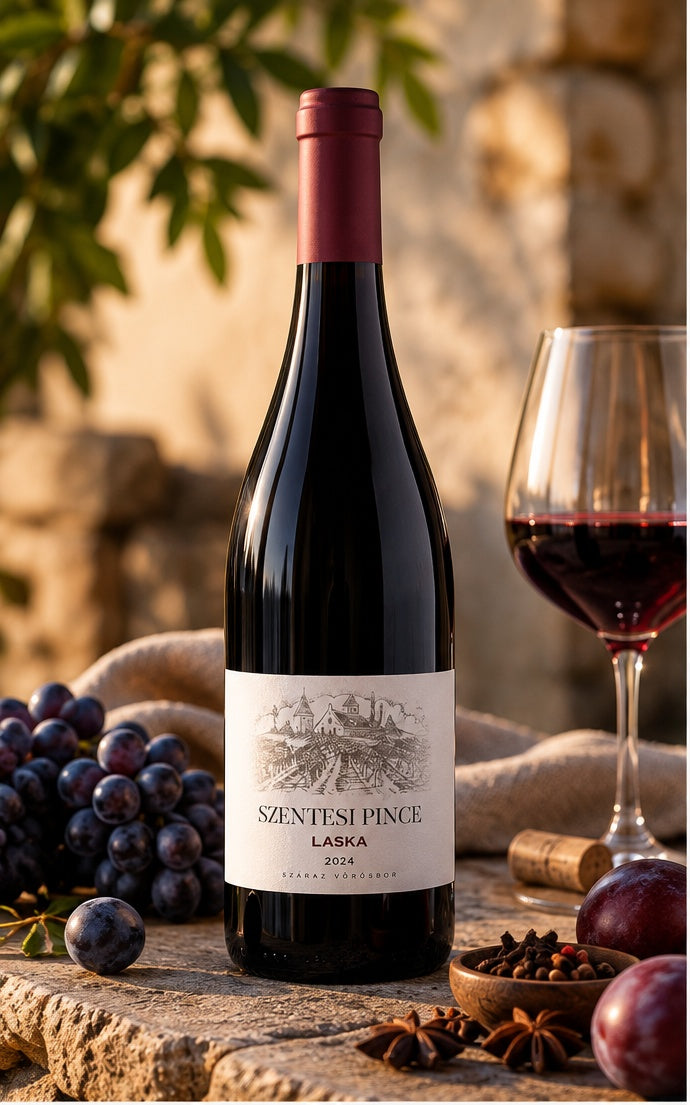 Szentesi Laska 2024 Hungarian red wine with glass and grapes