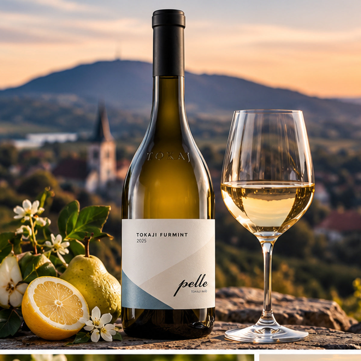 A bottle of Tokaji Furmint 2025 white wine with a glass of the pale golden wine beside it, styled with lemons, pears, and small white flowers against a blurred mountain landscape at sunset. The bottle label shows 'pelle' and 'Tokaji Furmint 2025'.