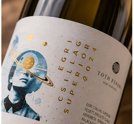 Close-up of a wine bottle label with a white background, gold typography reading 'EGRI CSILLAG SUPERIOR 2024', a blue-toned portrait illustration with a ringed planet, and the brand name 'TOth FERENC' visible on the right.