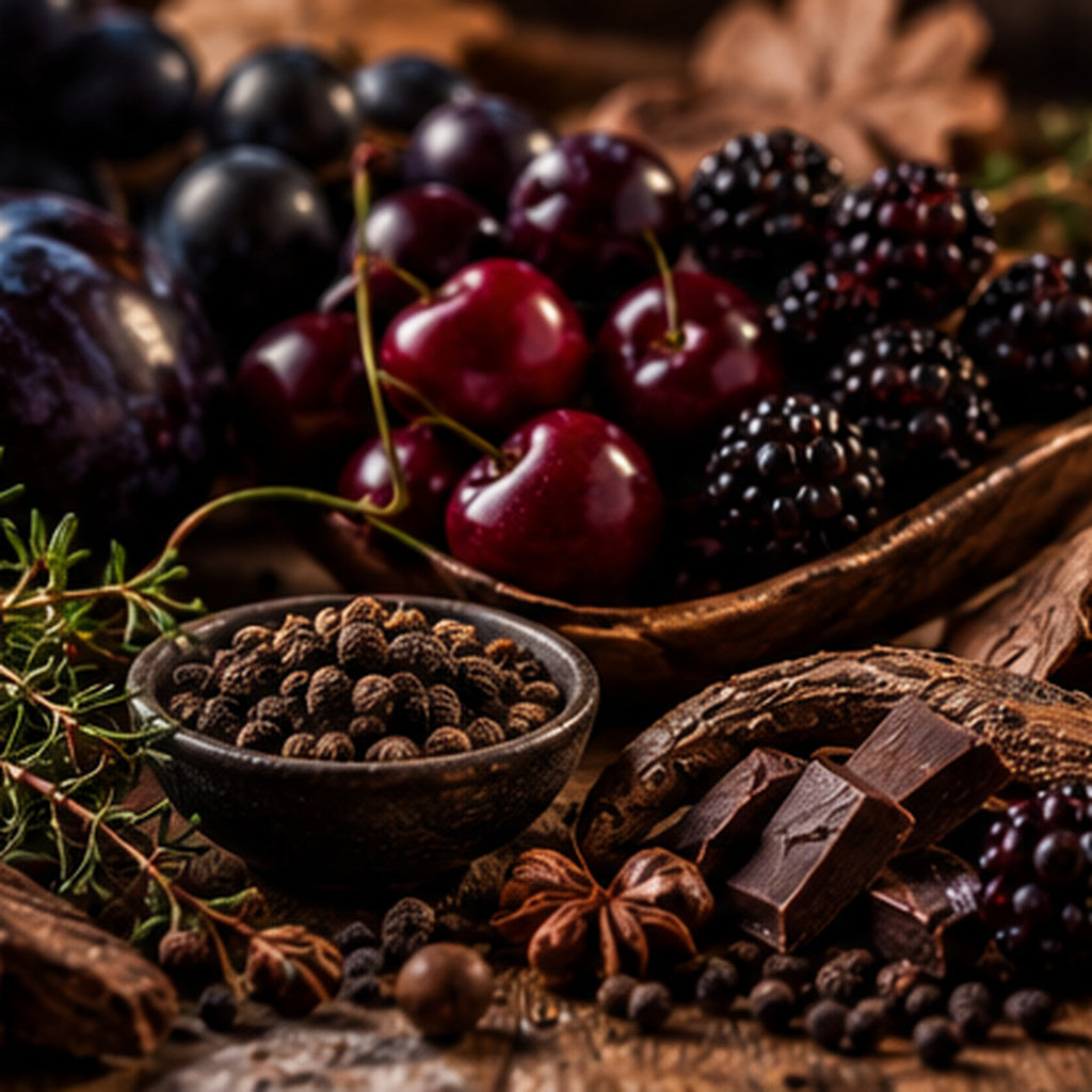 A styled still life of dark berries and chocolate on a rustic wooden surface, including cherries, blackberries, plums, peppercorns in a small bowl, star anise, and chocolate chunks, with sprigs of rosemary in the foreground.
