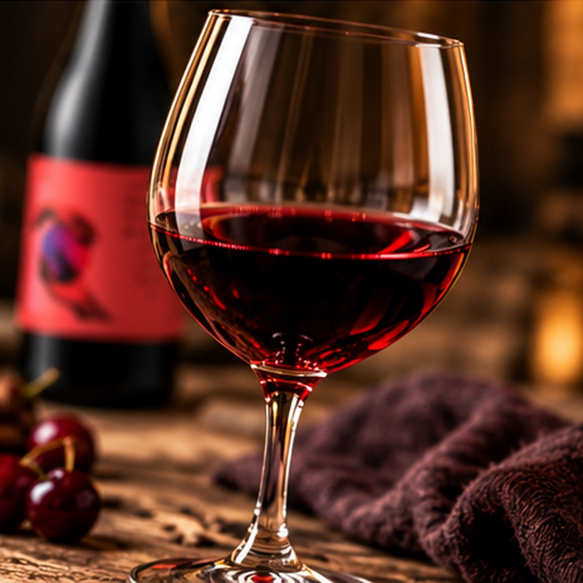 A large stemmed wine glass filled with red wine, set on a rustic wooden surface with a blurred wine bottle and cherries in the background.