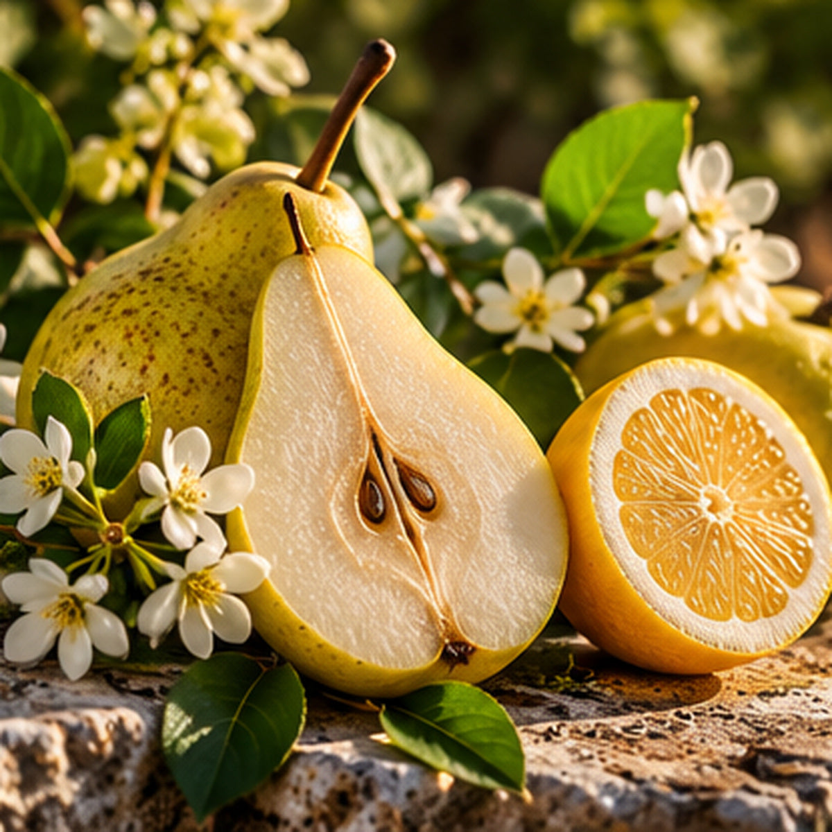 A close-up still life of a ripe yellow pear cut in half, a whole pear, a lemon half, green leaves, and small white blossoms on a stone surface with a blurred garden background.