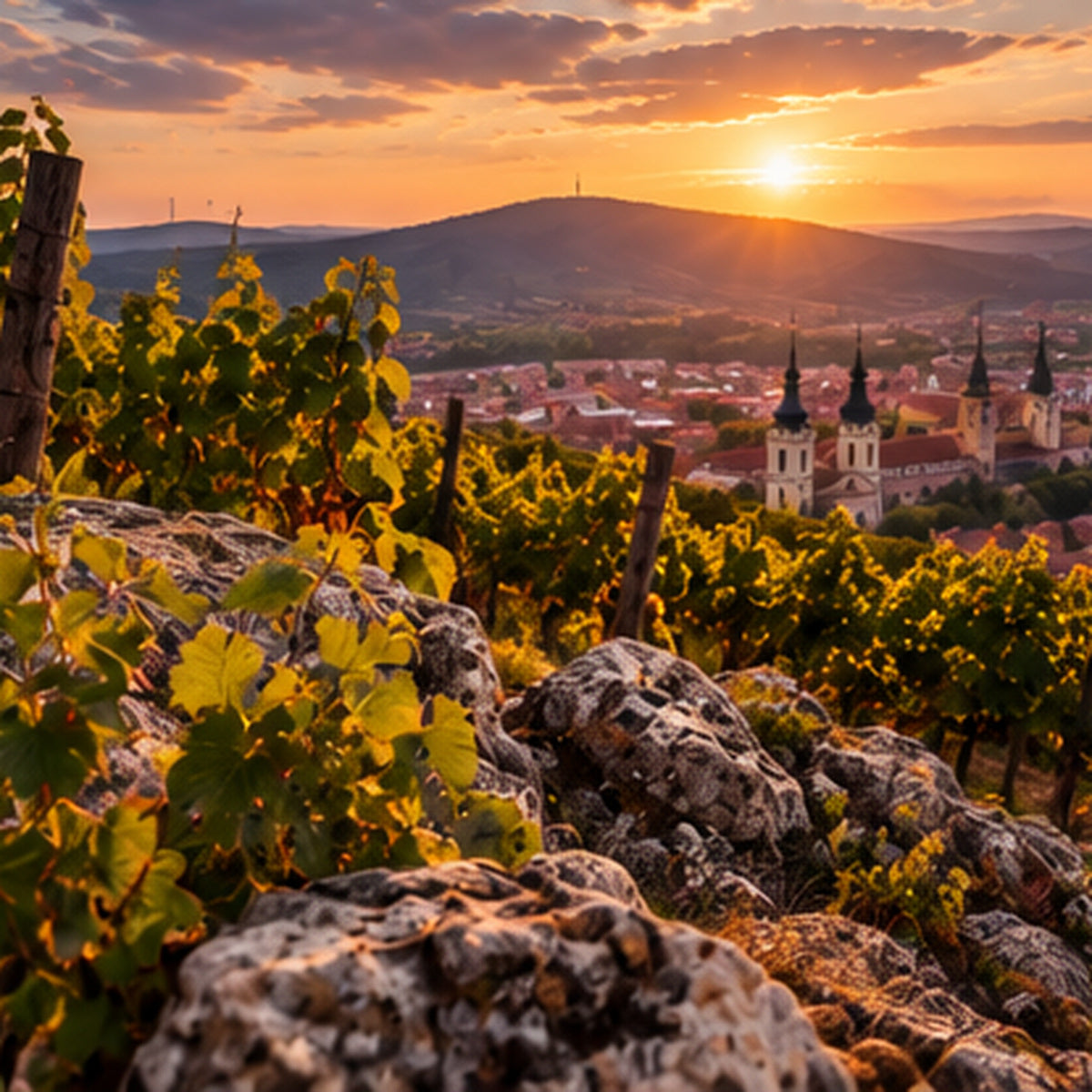 A scenic landscape photograph of a vineyard at sunset, with sunlit grapevines in the foreground, rocky soil, and a town with church towers in the distance under a glowing orange sky.