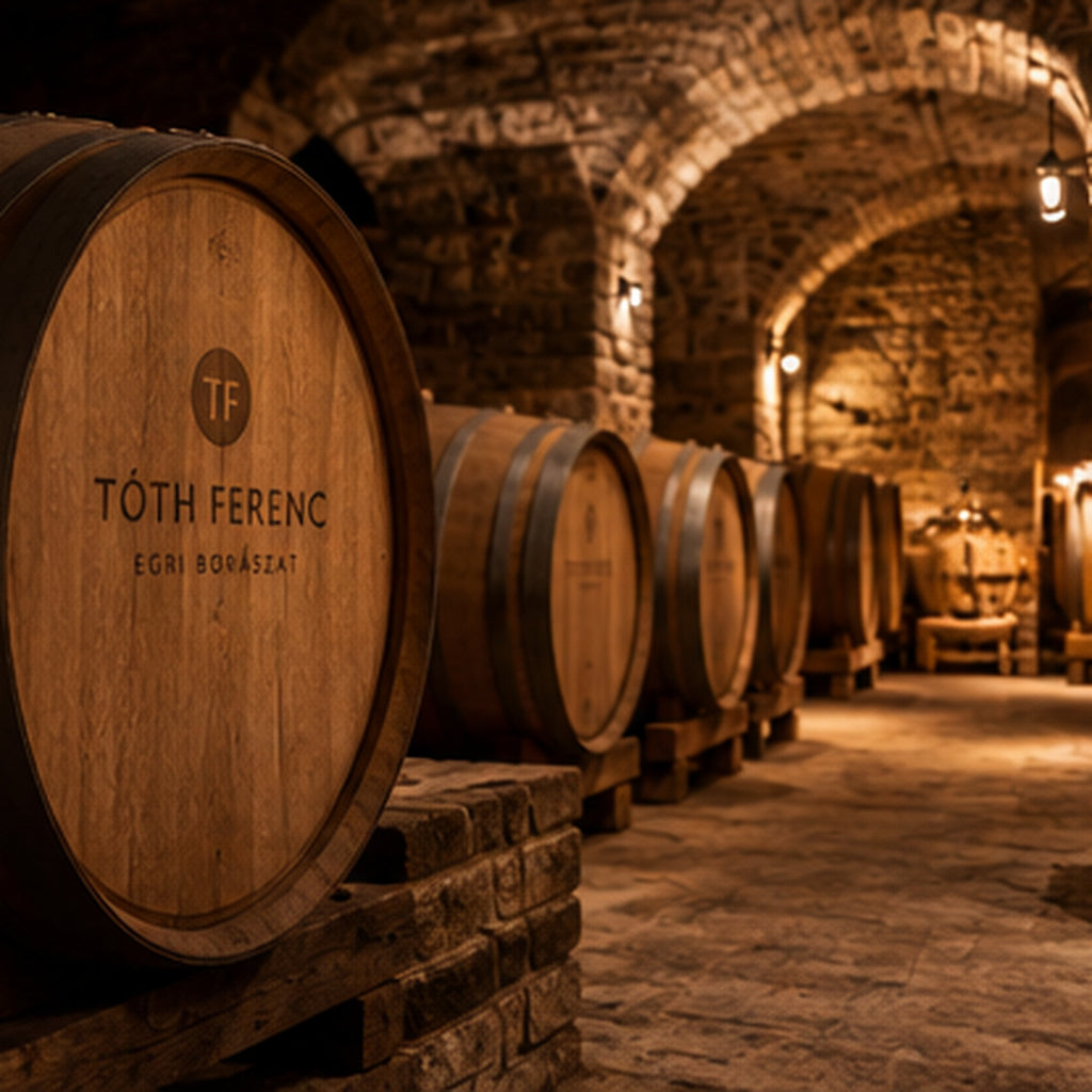 A row of large wooden wine barrels in a stone wine cellar with arched tunnels and warm hanging lights. The front barrel is labeled “TÓTH FERENC EGRI BORÁSEAT” with a small circular TF logo.