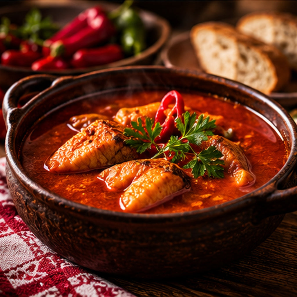 A rustic dark brown ceramic pot filled with a rich, red-orange stew containing chicken pieces, garnished with fresh green parsley and red chili peppers, set on a wooden table with a red-and-white patterned cloth. Sliced bread and whole peppers are blurred in the background.