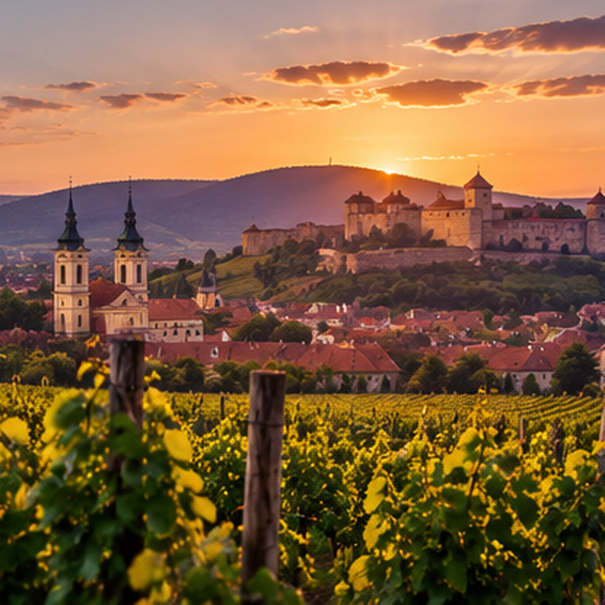 A scenic landscape photograph of a European town at sunset, featuring a hilltop castle, twin church spires, vineyards in the foreground, and warm orange clouds over the horizon.