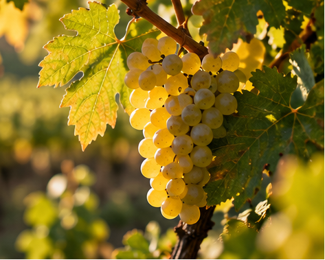 A close-up of a bunch of pale yellow grapes hanging on a vine with green leaves in warm sunlight.