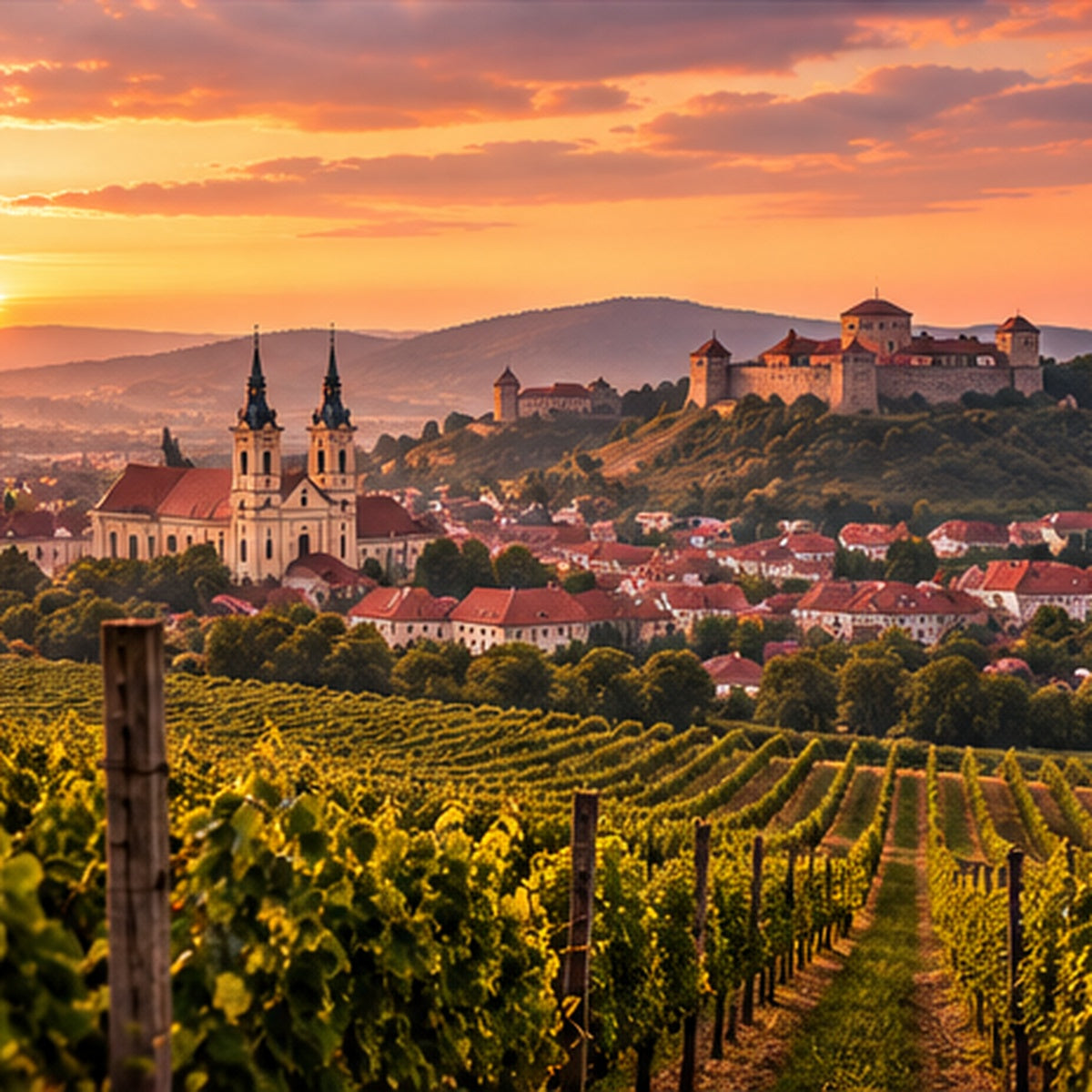 A scenic landscape photograph of a European town at sunset, featuring a vineyard in the foreground, a church with twin spires, red-roofed houses, and a castle on a hill under a warm orange sky.