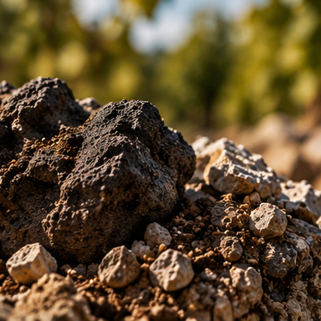 A close-up shot of dark volcanic rock and soil with small light-colored stones, set against a blurred outdoor background of green foliage and blue sky.