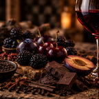 A close-up still life of red wine in a glass, surrounded by dark cherries, blackberries, a sliced plum, dark chocolate pieces, spices, and coffee beans on a rustic wooden surface with a blurred wine cellar background.