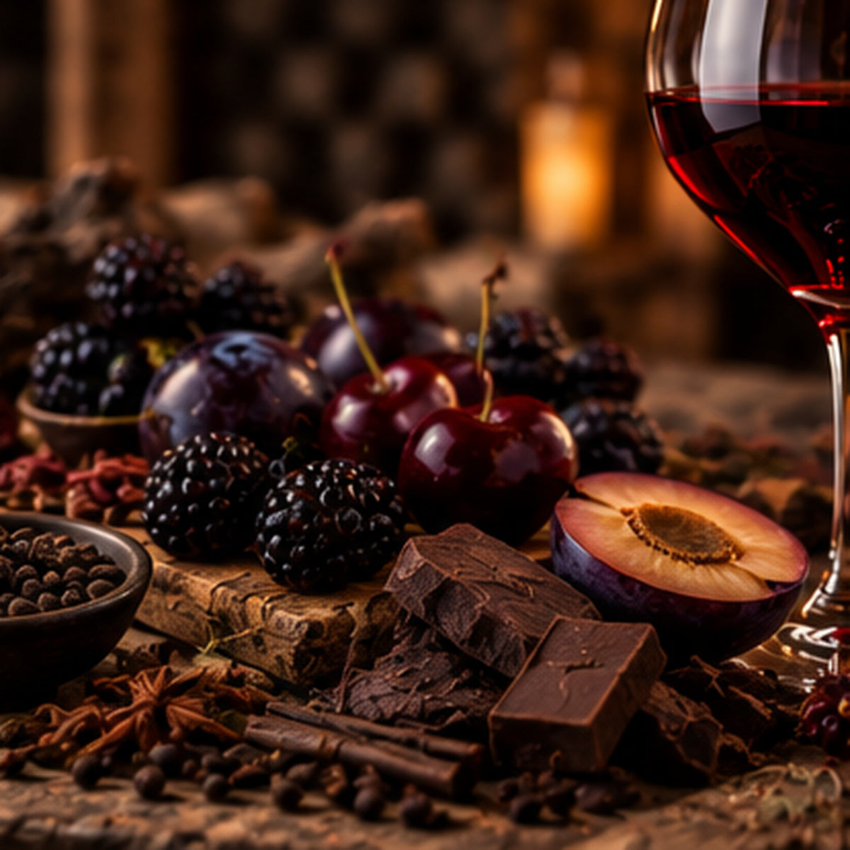 A close-up still life of red wine in a glass, surrounded by dark cherries, blackberries, a sliced plum, dark chocolate pieces, spices, and coffee beans on a rustic wooden surface with a blurred wine cellar background.