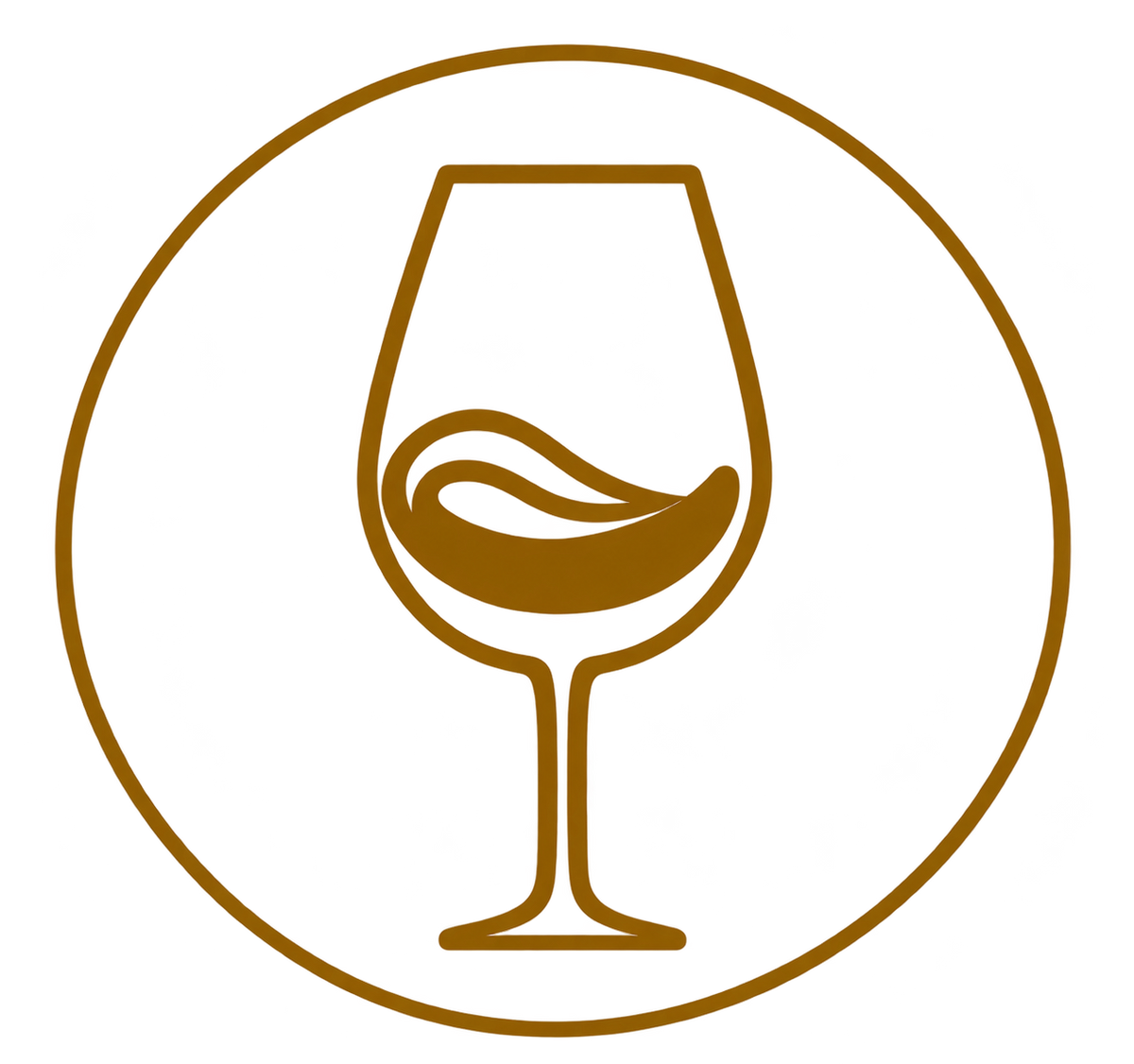 A minimalist brown line icon of a wine glass with a swirl of wine inside, centered on a white background and enclosed in a circular border.