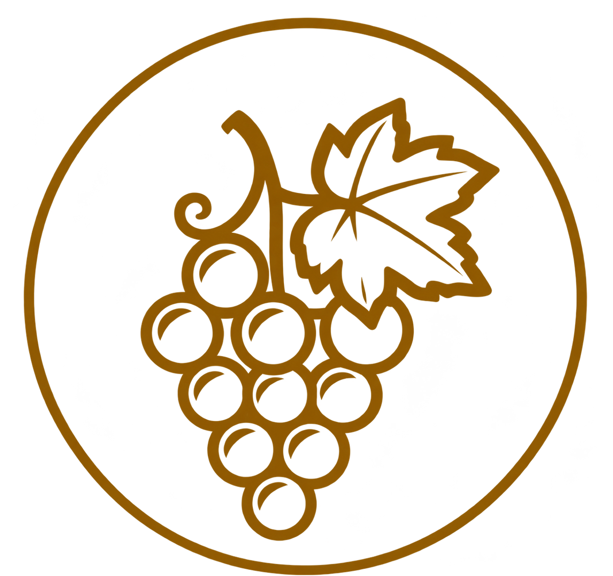 A stylized brown line-art icon of a grapevine with a grape cluster and leaf inside a circular border on a white background.