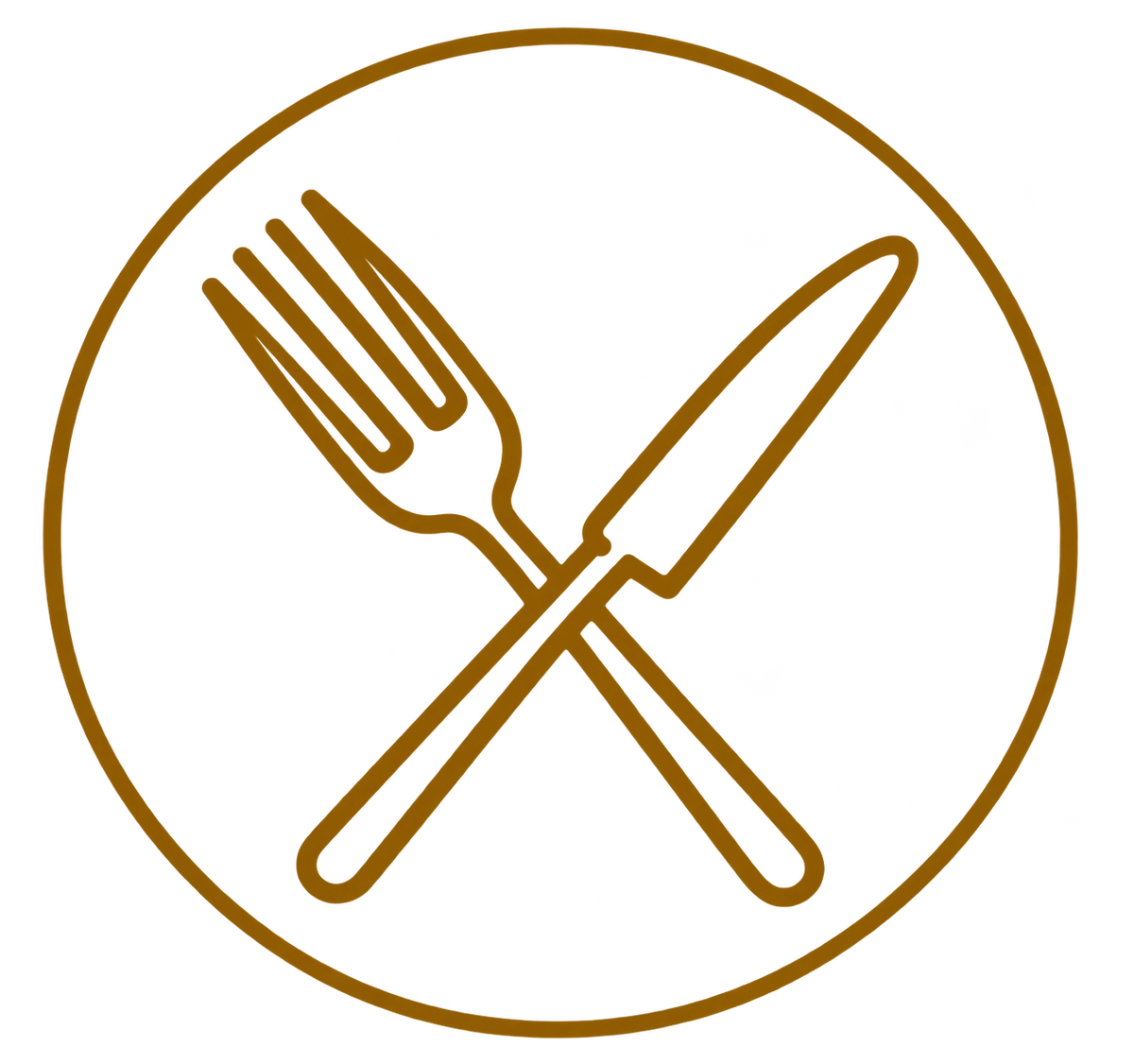 A minimalist brown line icon of a crossed fork and knife inside a circle, commonly used as a placeholder or category icon.