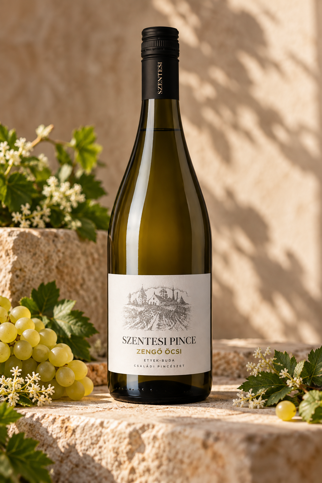 A bottle of Szentesi Pince Zengó Güró white wine stands on a stone surface, surrounded by green grapes, grape leaves, and small white flowers against a sunlit beige wall.