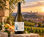 A bottle of white wine stands on a stone surface outdoors at sunset, with a vineyard and castle in the background. The bottle is surrounded by lemons, oranges, flowers, and greenery.