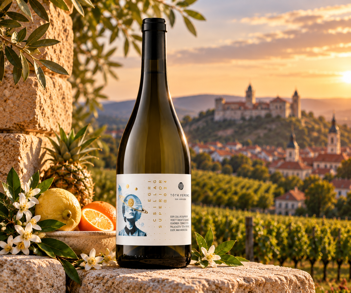 A bottle of white wine stands on a stone surface outdoors at sunset, with a vineyard and castle in the background. The bottle is surrounded by lemons, oranges, flowers, and greenery.