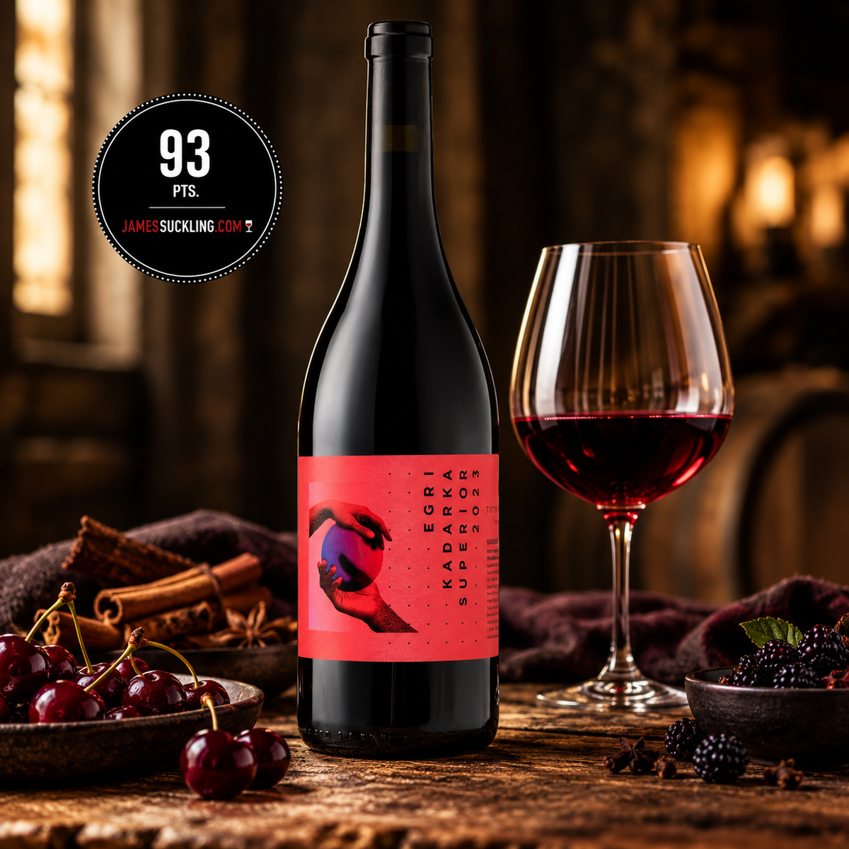 A bottle of James Suckling Red 10 wine with a bright red label stands on a rustic wooden table beside a glass of red wine. Cherries, blackberries, cinnamon sticks, and a dark cloth are arranged around it in a warm, dimly lit setting.
