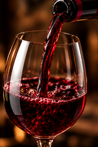 Red wine being poured from a bottle into a large wine glass, with rich dark red liquid flowing in a stream against a warm, blurred brown background.