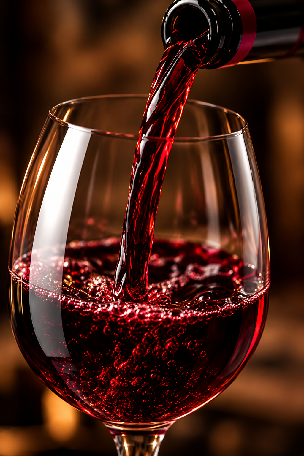 Red wine being poured from a bottle into a large wine glass, with rich dark red liquid flowing in a stream against a warm, blurred brown background.