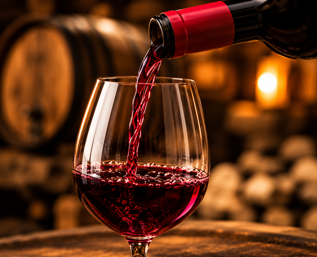 Deep ruby red wine being poured into a crystal wine glass in a warmly lit wine cellar.