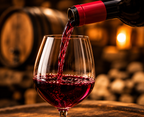 Deep ruby red wine being poured into a crystal wine glass in a warmly lit wine cellar.