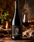 A bottle of Nemeti Janos Kadarka Szekszárd red wine stands on a rustic wooden table, with a glass of the deep red wine and scattered red berries in the background.
