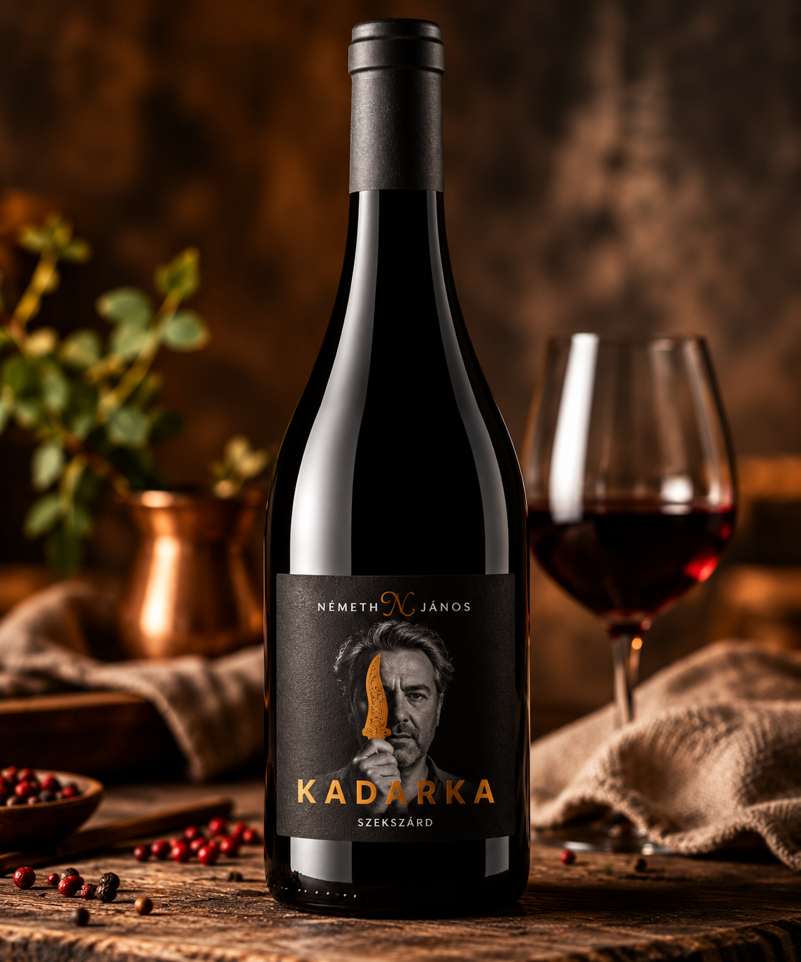 A bottle of Nemeti Janos Kadarka Szekszárd red wine stands on a rustic wooden table, with a glass of the deep red wine and scattered red berries in the background.