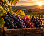 Cabernet Sauvignon, Cabernet Franc, Merlot and Syrah grapes illustrated together at sunset, representing the SERIUS 2021 Hungarian red blend.