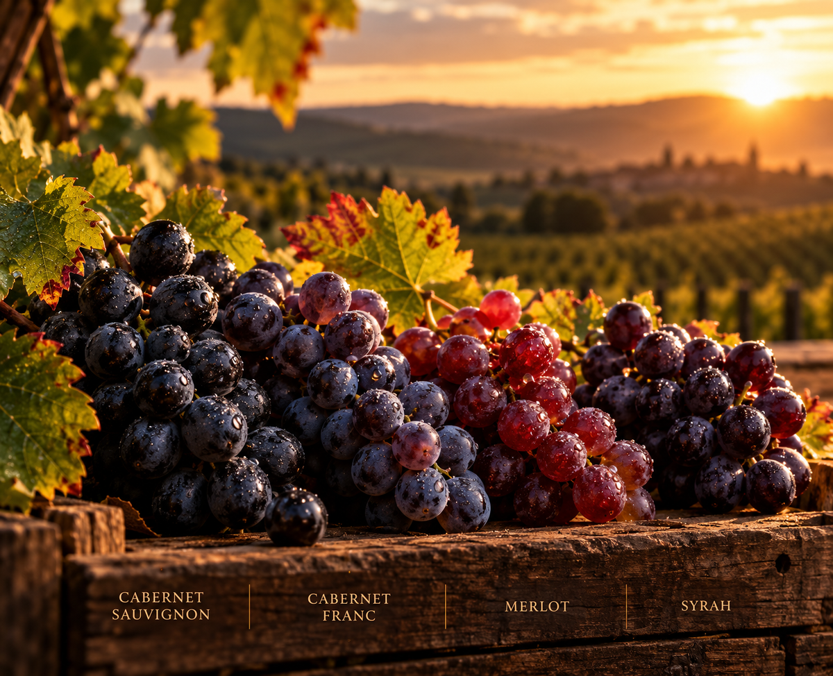 Cabernet Sauvignon, Cabernet Franc, Merlot and Syrah grapes illustrated together at sunset, representing the SERIUS 2021 Hungarian red blend.