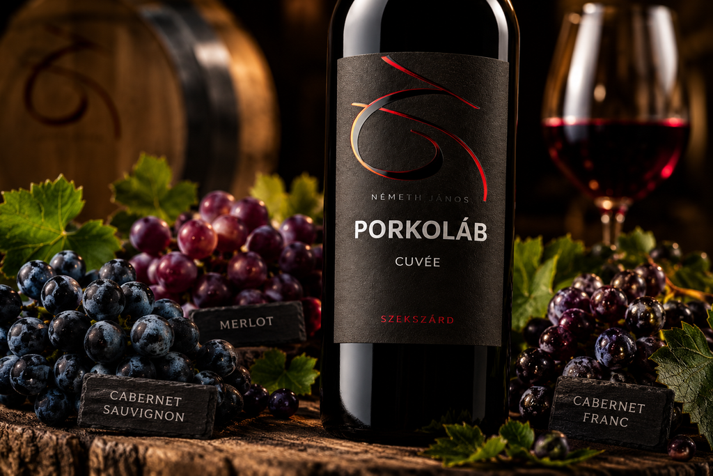 A bottle of Nemeth Janos Porkoláb Cuvée red wine stands on a rustic wooden surface, surrounded by clusters of dark grapes, green leaves, and small labeled tags for Merlot, Cabernet Sauvignon, and Cabernet Franc. A glass of red wine and a blurred barrel are visible in the warm, dark background.