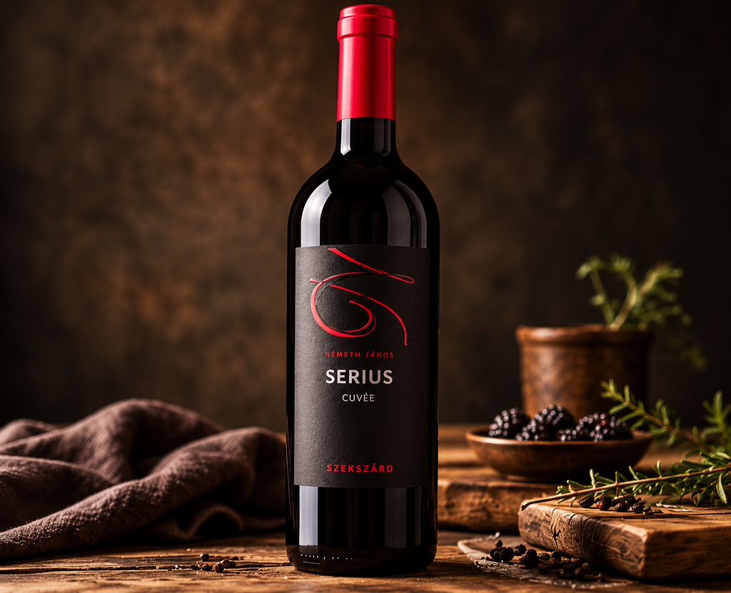 Németh János SERIUS Cuvée 2021 Hungarian red wine bottle from Szekszárd with distinctive black label and red capsule.