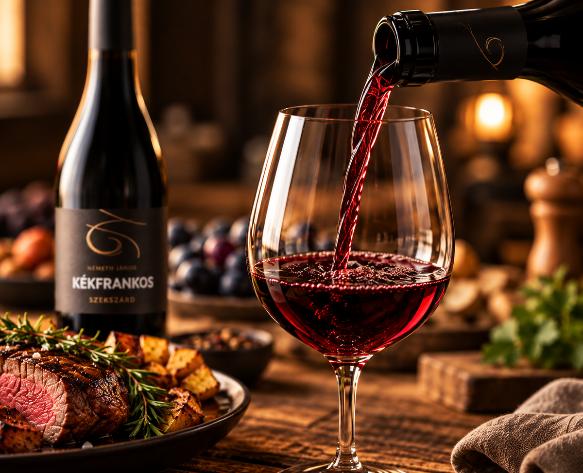 Red wine being poured into a glass, illustrating Hungarian Kékfrankos from Szekszárd